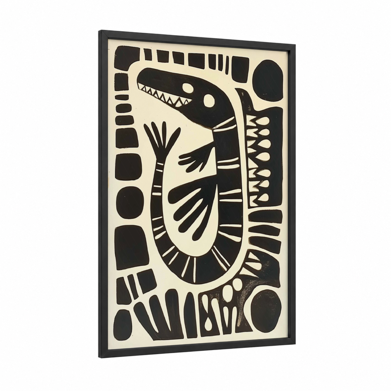 Geometric Alligator framed art print — black wood frame — black and white palette