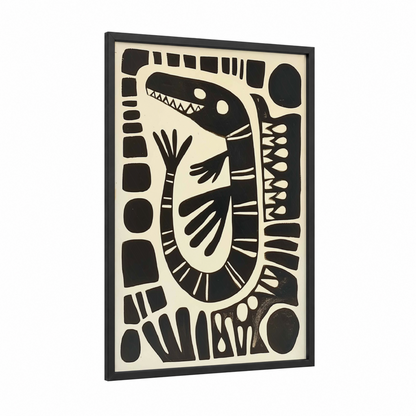 Geometric Alligator framed art print — black wood frame — black and white palette