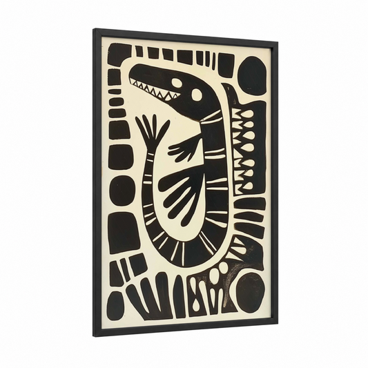Geometric Alligator framed art print — black wood frame — black and white palette