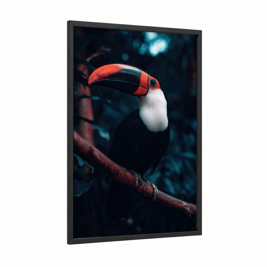 Crimson Toucan Portrait framed art print — black wood frame — red and blue and white palette