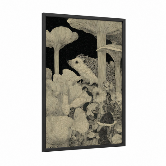 Mushroom Hedgehog framed art print — black wood frame — black and white and cream palette