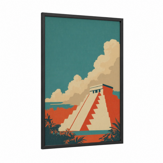 Ancient Pyramid framed chichen itza print — black wood frame — teal and cream palette