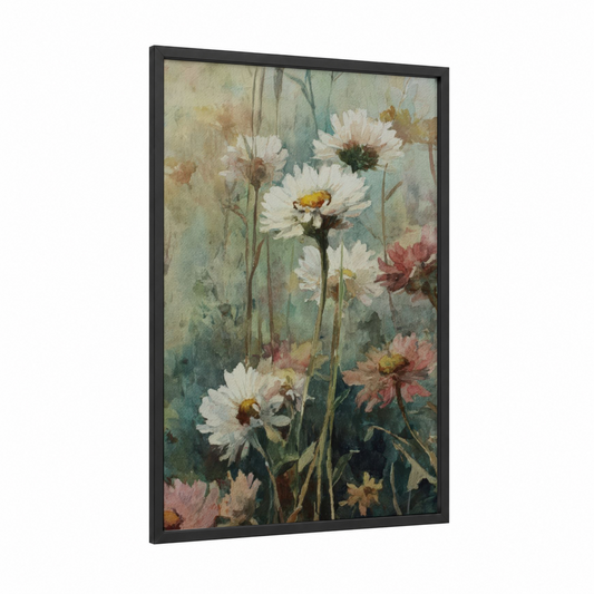Garden Daisy Meadow framed art print — black wood frame — cream and sage green palette