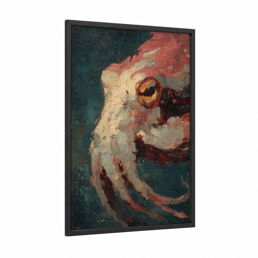 Crimson Squid framed art print — black wood frame — red and dark blue palette