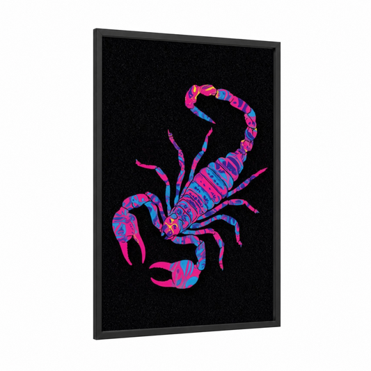 Neon Scorpion framed scorpions print — black wood frame — magenta and blue palette