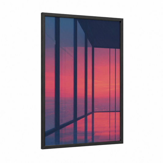 Sunset Tower View framed window print — black wood frame — blue and pink palette