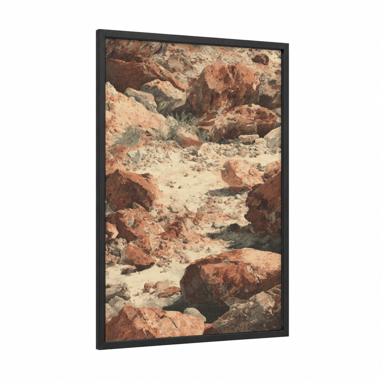 Rocky Desert Terrain framed dune print — black wood frame — russet and cream palette