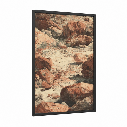 Rocky Desert Terrain framed dune print — black wood frame — russet and cream palette