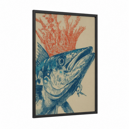 Crowned Wahoo framed art print — black wood frame — dark blue and red palette