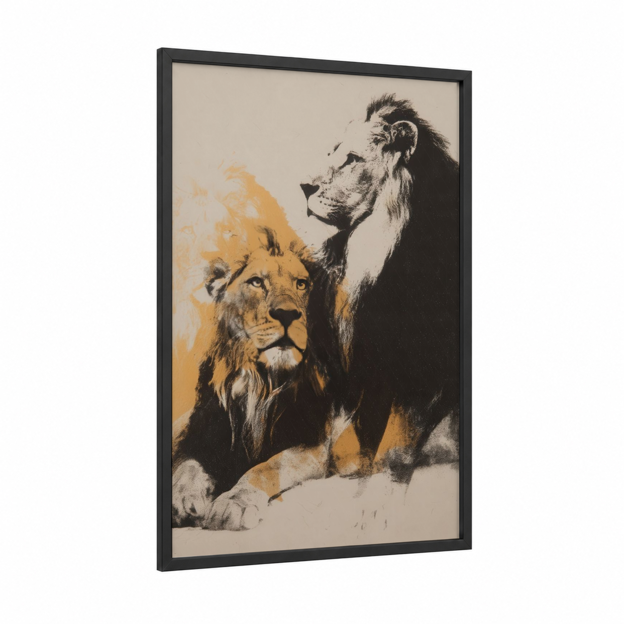 Majestic Lion Pair framed art print — black wood frame — gold and black palette
