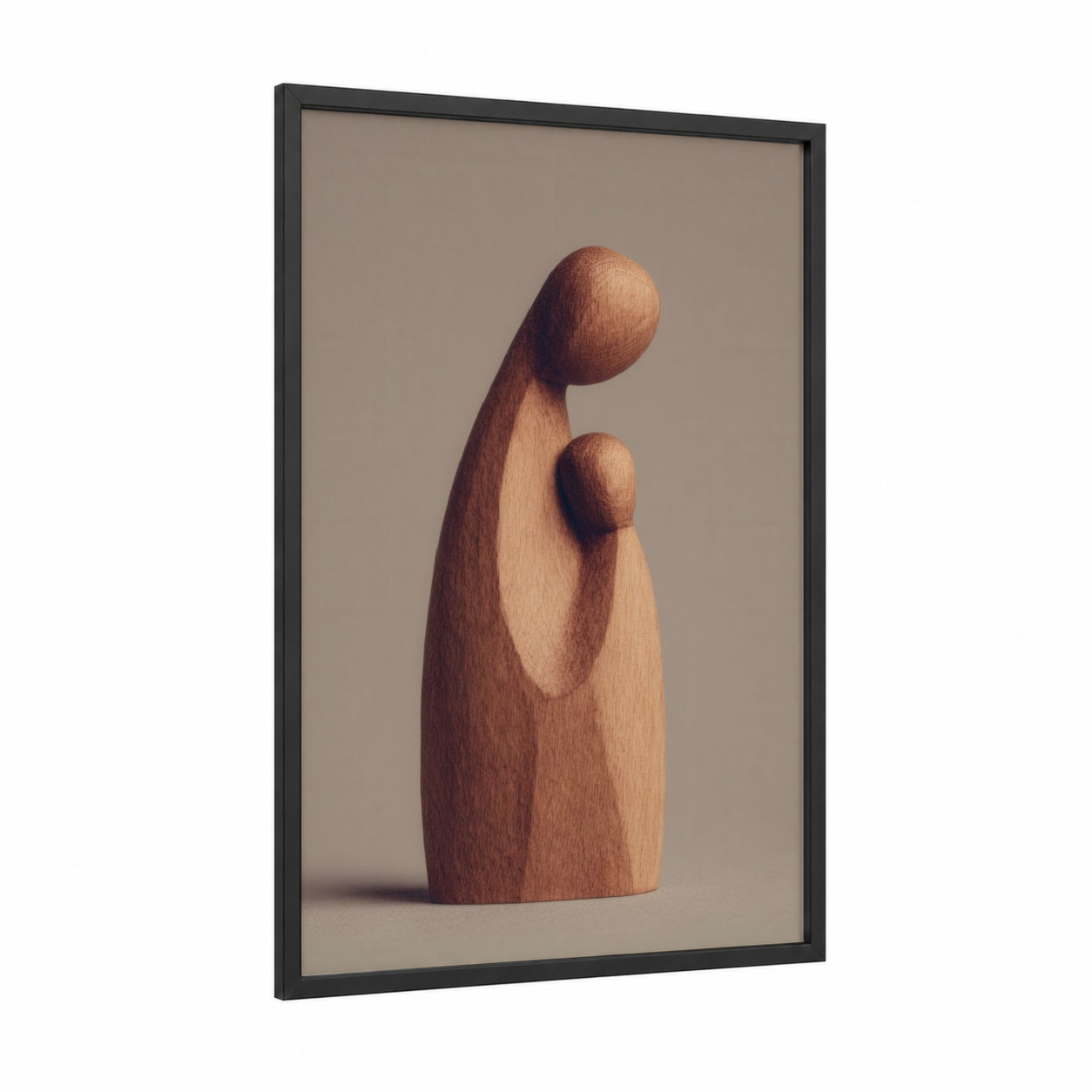 Abstract Mother framed woodcarving print — black wood frame — brown and beige palette