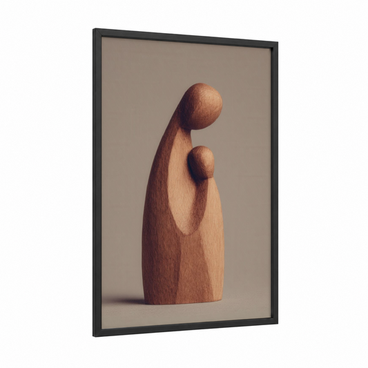 Abstract Mother framed woodcarving print — black wood frame — brown and beige palette