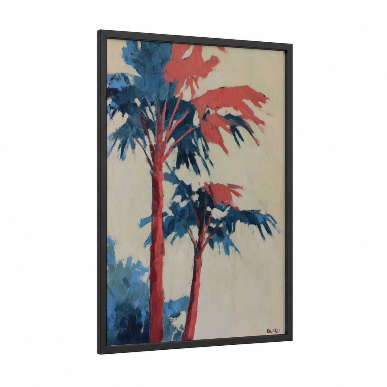 Crimson Palm Study framed palm tree print — black wood frame — red and blue palette