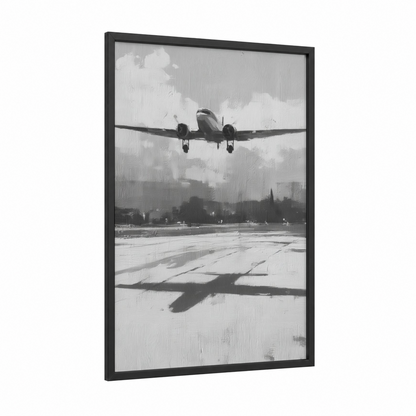 Vintage Airplane Landing framed art print — black wood frame — black and white and gray palette