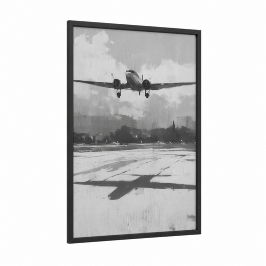 Vintage Airplane Landing framed art print — black wood frame — black and white and gray palette