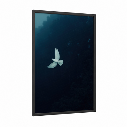 Ethereal Dove framed art print — black wood frame — white and teal palette