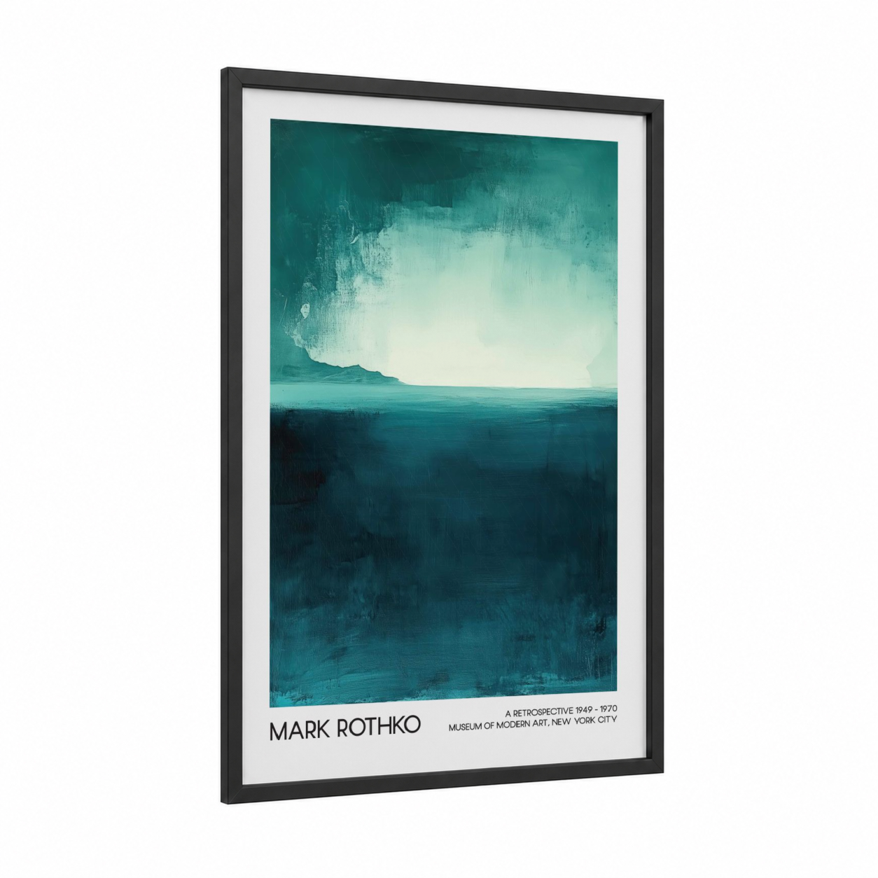 Tranquil Horizon framed abstract classic print — black wood frame — teal and white palette