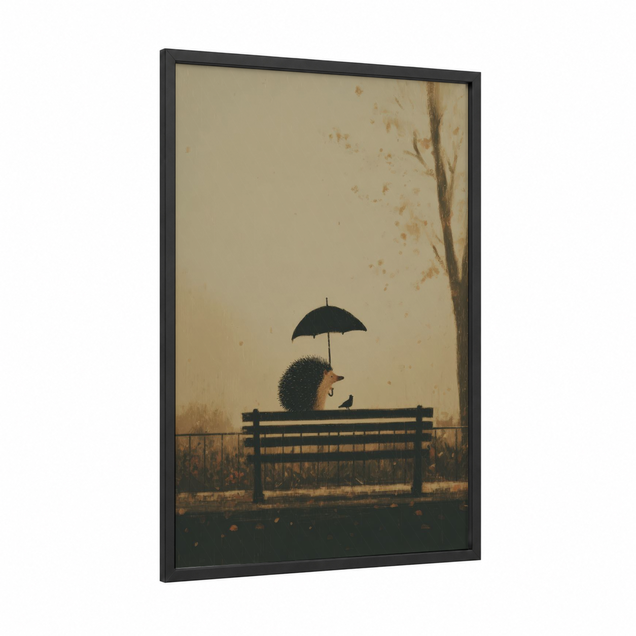 Rainy Day Hedgehog framed art print — black wood frame — beige and dark blue palette