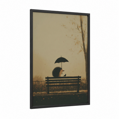 Rainy Day Hedgehog framed art print — black wood frame — beige and dark blue palette