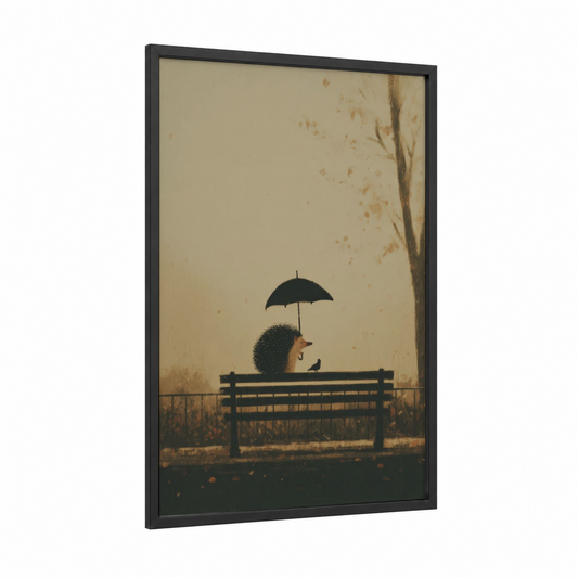 Rainy Day Hedgehog framed art print — black wood frame — beige and dark blue palette