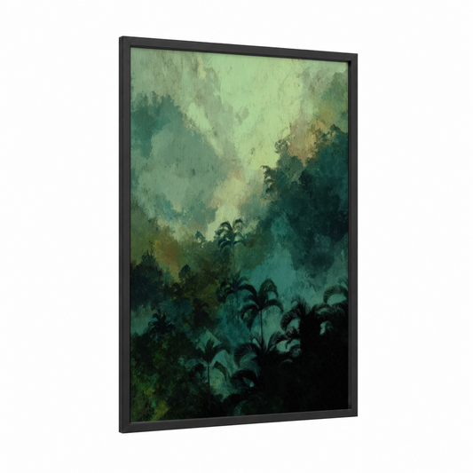 Misty Palm Forest framed art print — black wood frame — light green and teal palette