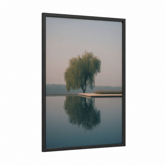 Misty Willow Reflection framed willow tree print — black wood frame — sage green and gray palette