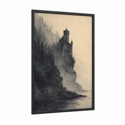 Misty Castle Vampire framed art print — black wood frame — black and cream palette