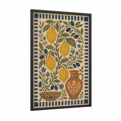 Mediterranean Lemon and Olive Wall Art framed olive tree print — black wood frame — blue and yellow palette