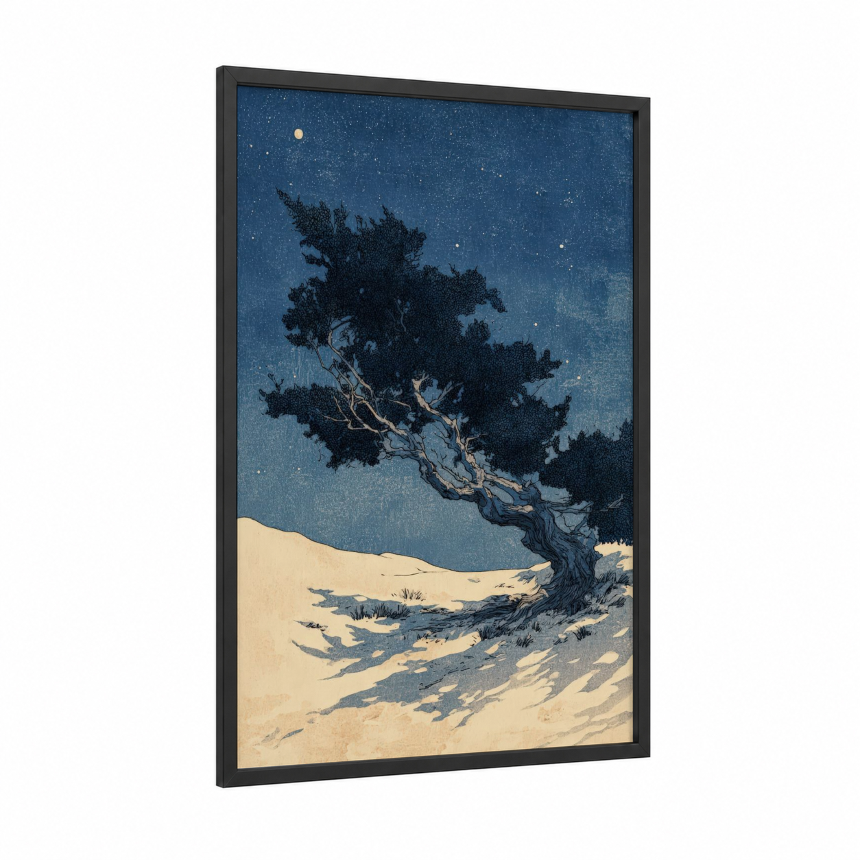 Starlit Desert Tree framed savanna and desert trees print — black wood frame — dark blue and cream palette