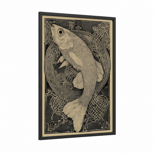 Ornamental Zebrafish framed art print — black wood frame — cream and black palette