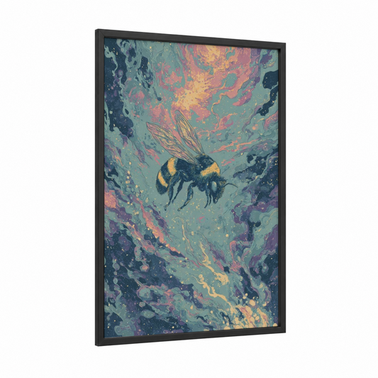 Celestial Bee framed art print — black wood frame — teal and pink palette