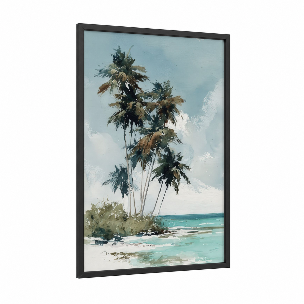 Coastal Palm Trees framed tropical trees print — black wood frame — blue and green and cream palette