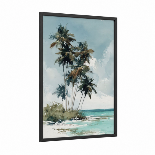 Coastal Palm Trees framed tropical trees print — black wood frame — blue and green and cream palette