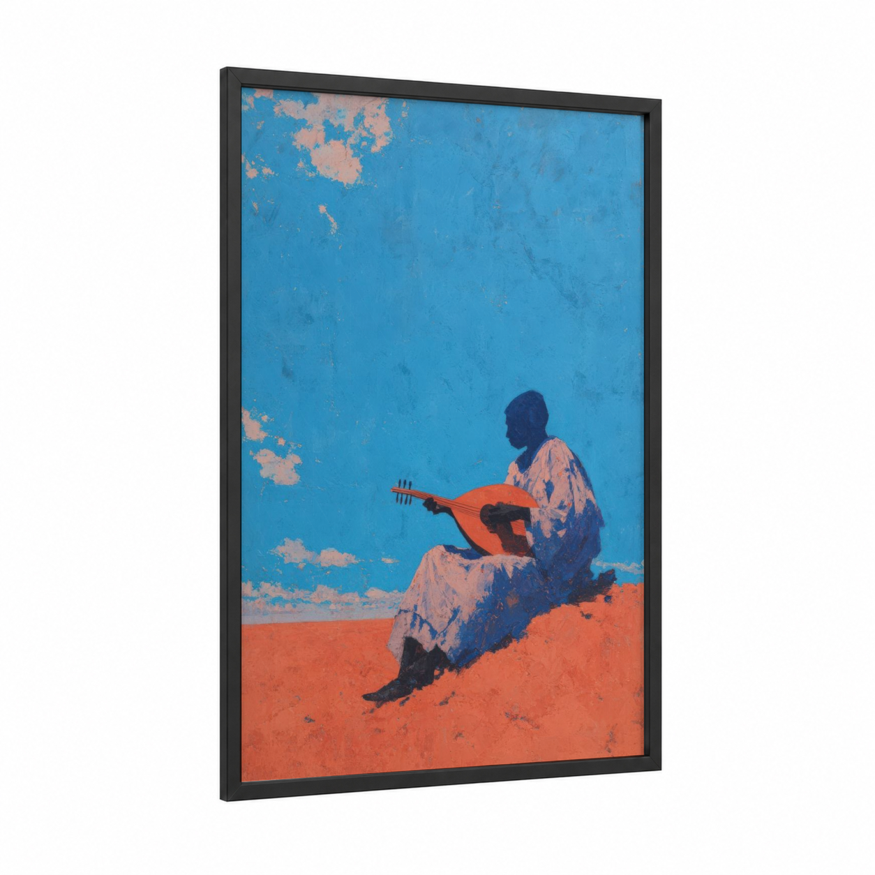 Desert Musician framed art print — black wood frame — blue and orange palette