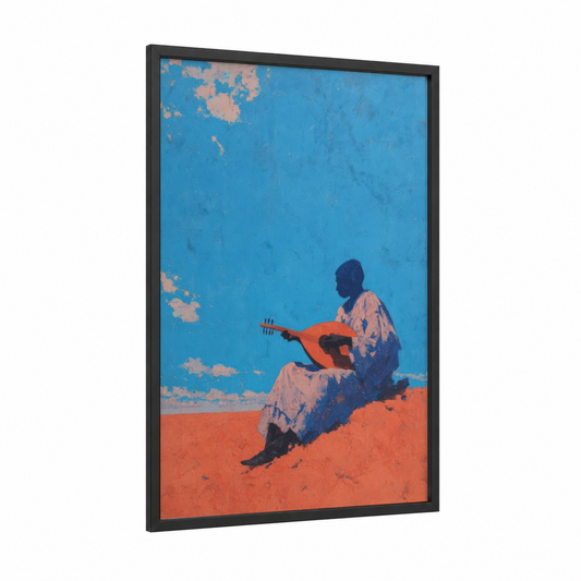 Desert Musician framed art print — black wood frame — blue and orange palette