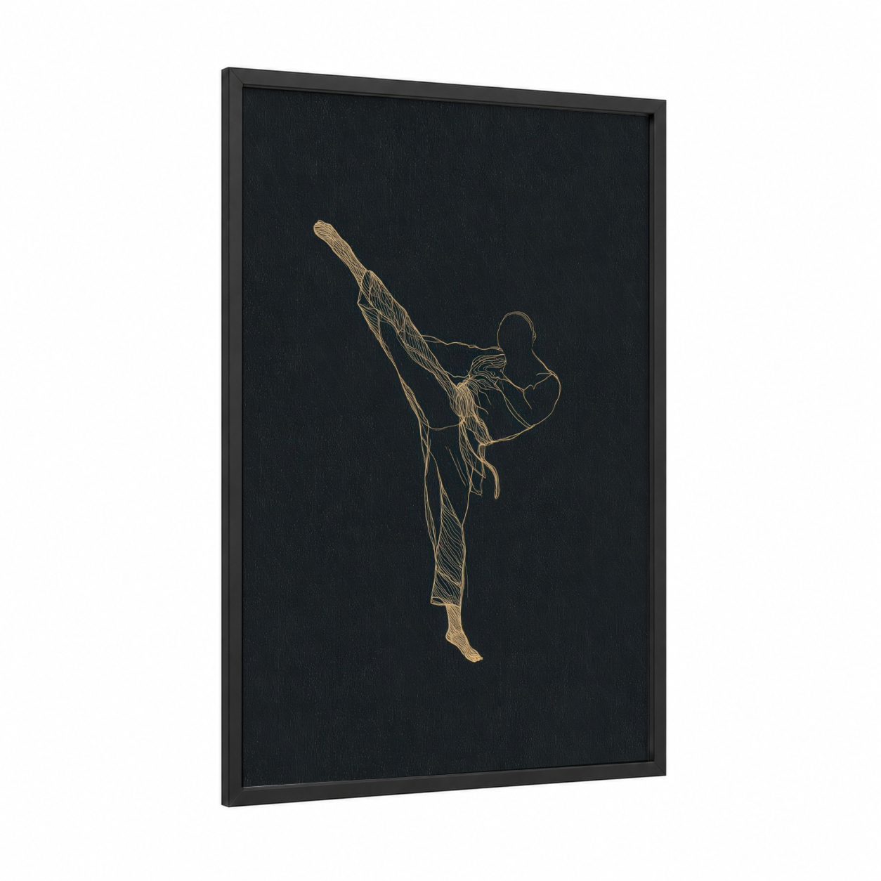 Golden Capoeira Kick framed art print — black wood frame — gold and black palette