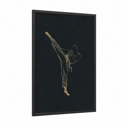 Golden Capoeira Kick framed art print — black wood frame — gold and black palette