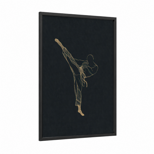 Golden Capoeira Kick framed art print — black wood frame — gold and black palette