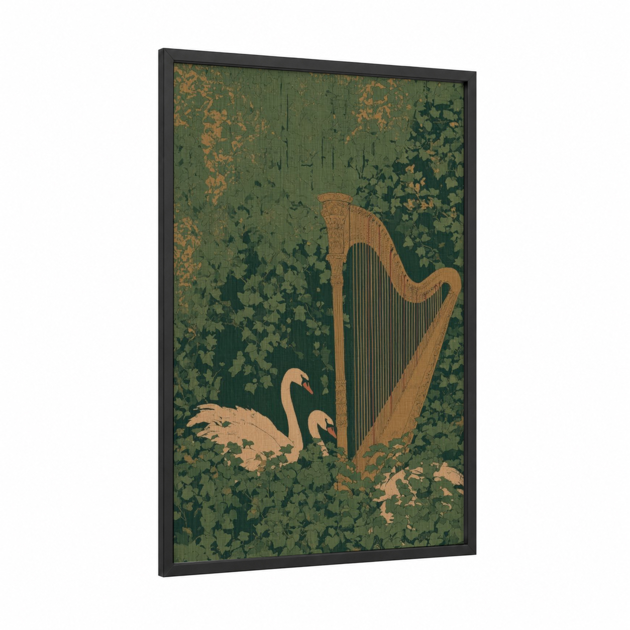 Enchanted Harp framed art print — black wood frame — dark green and gold palette