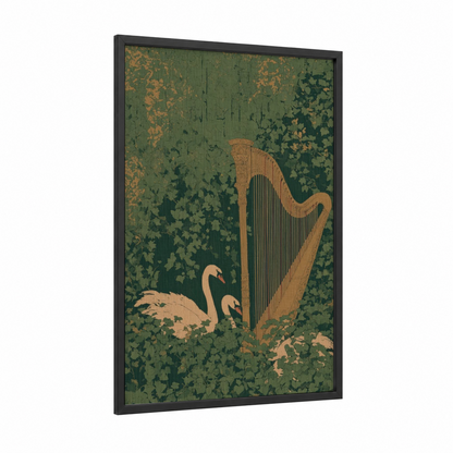 Enchanted Harp framed art print — black wood frame — dark green and gold palette