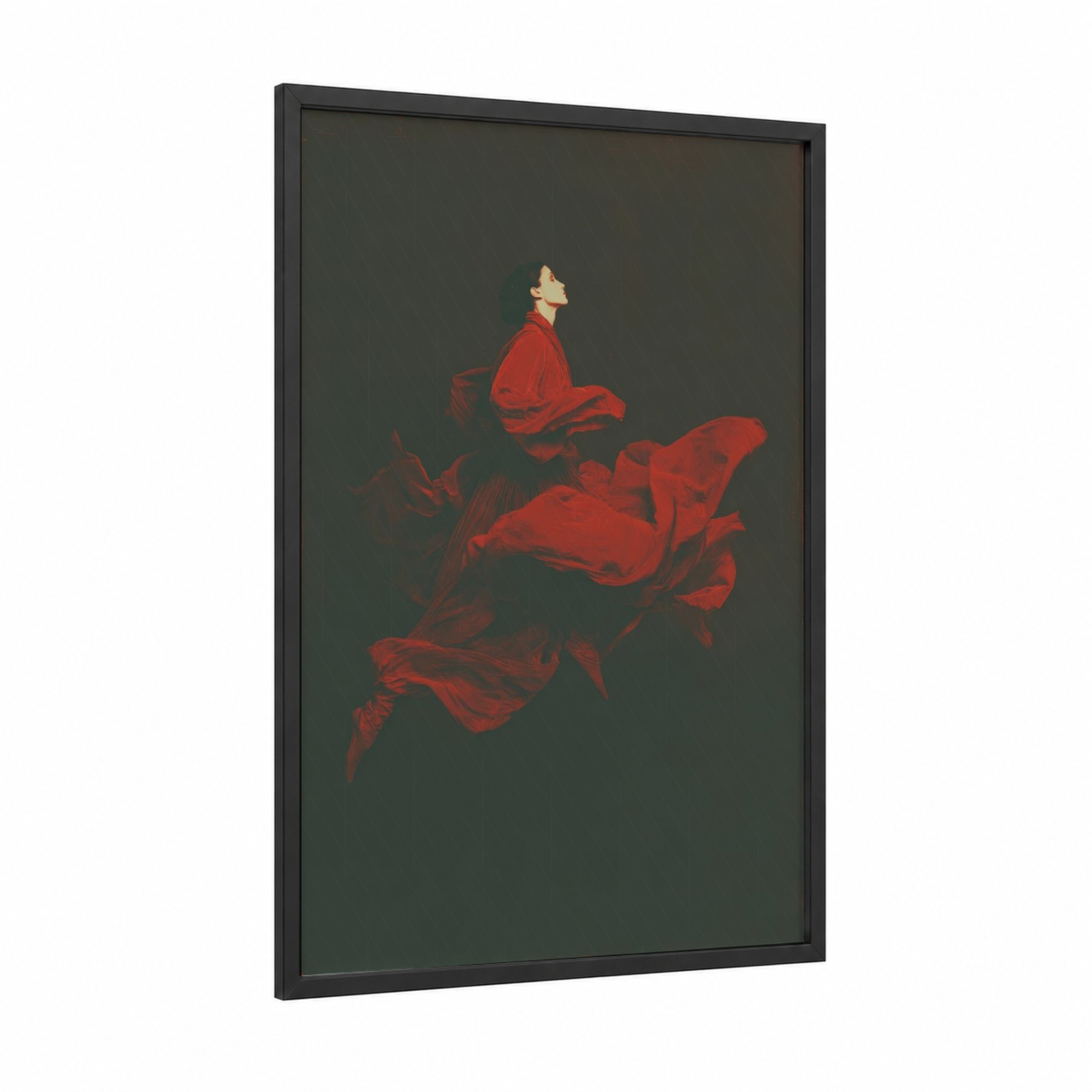 Crimson Leap framed modern dance print — black wood frame — red and gray palette
