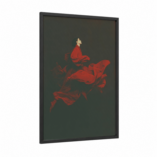 Crimson Leap framed modern dance print — black wood frame — red and gray palette