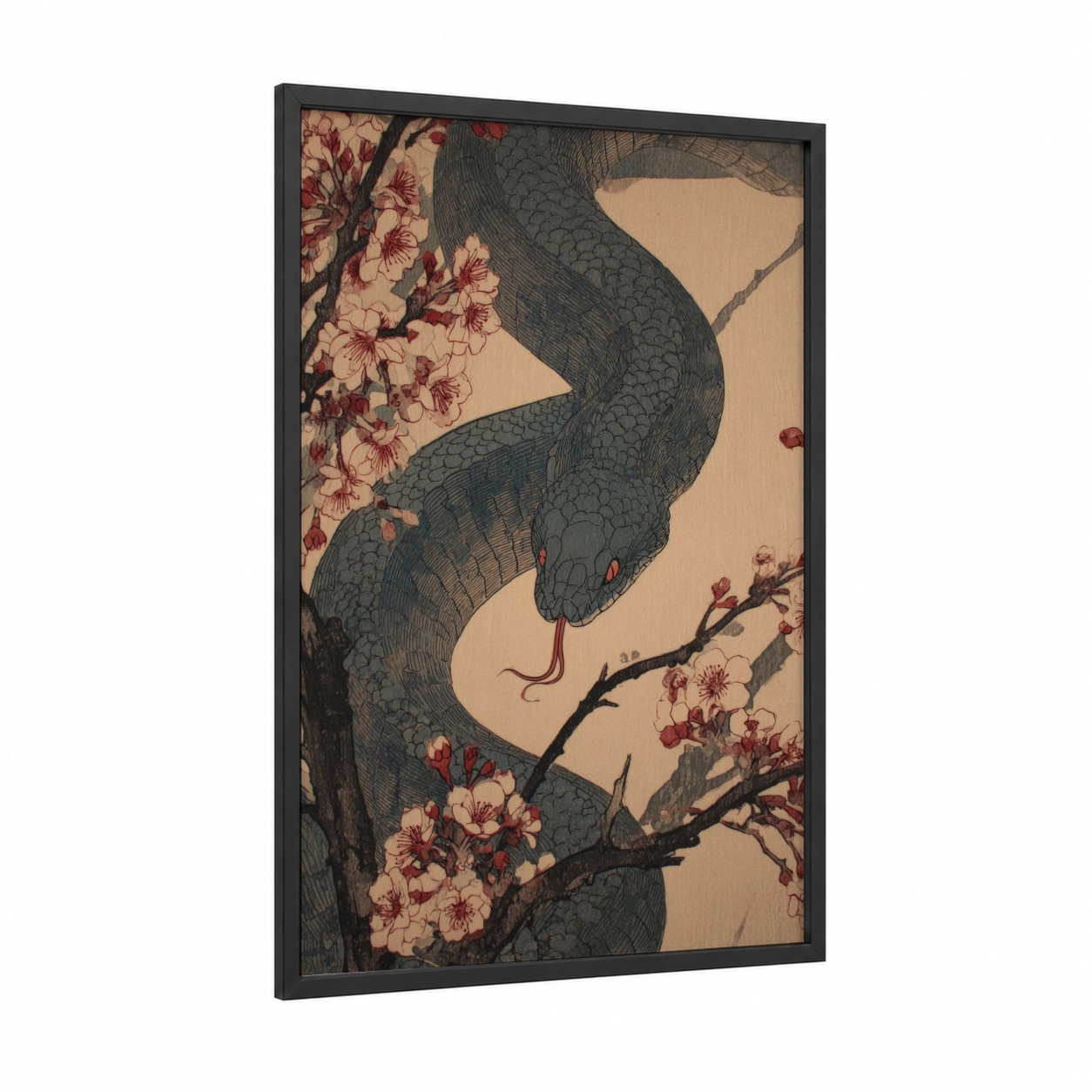 Cherry Blossom Python framed art print — black wood frame — cream and maroon palette