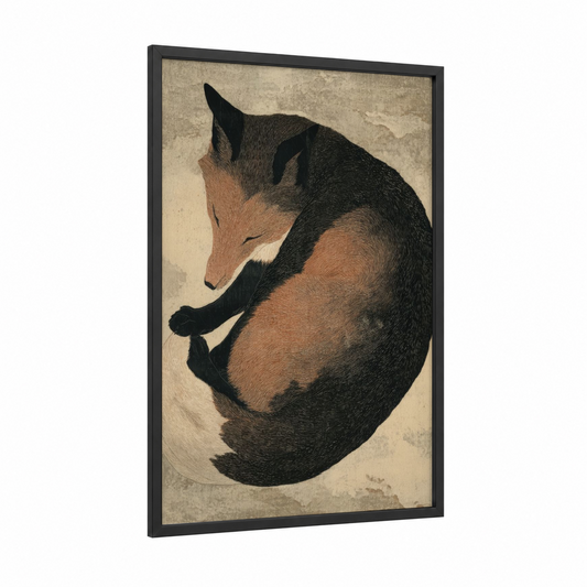 Curled Fox framed art print — black wood frame — brown and black and white palette