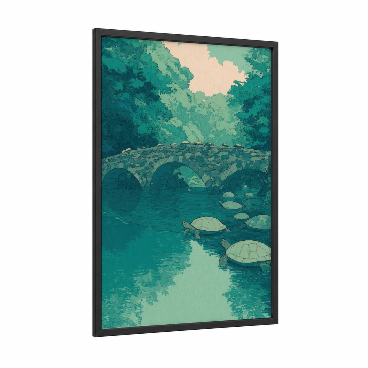 Tranquil Stone Bridge framed bridges print — black wood frame — teal and green palette