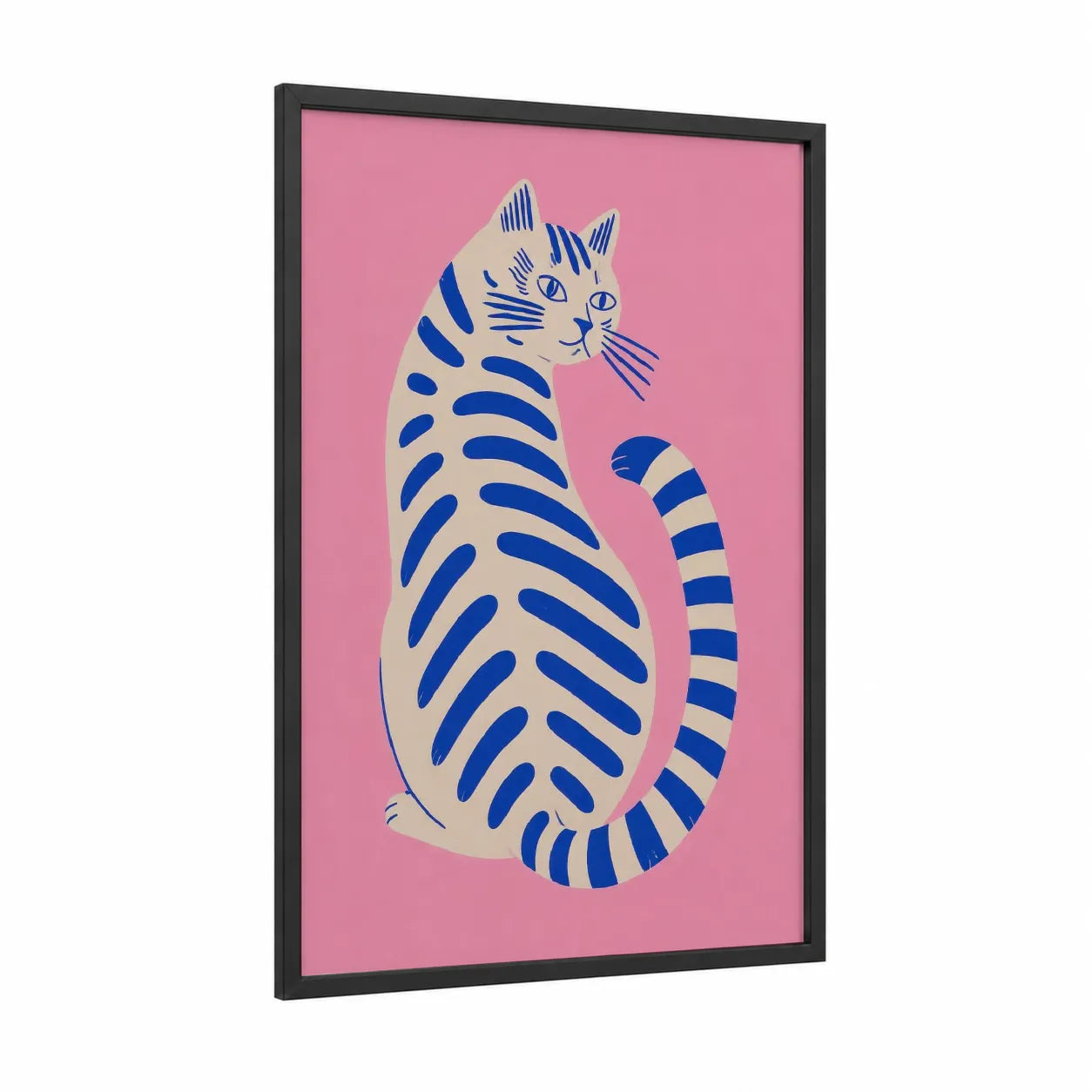 Blue Striped Cat Wall Art framed art print — black wood frame — pink and blue palette