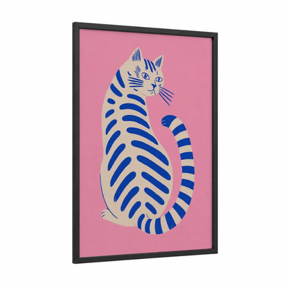 Blue Striped Cat Wall Art framed art print — black wood frame — pink and blue palette
