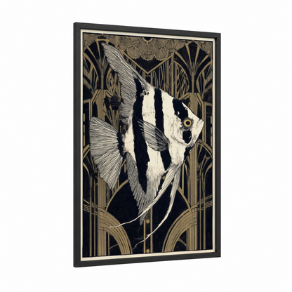 Striped Angel Fish framed art print — black wood frame — black and white and gold palette