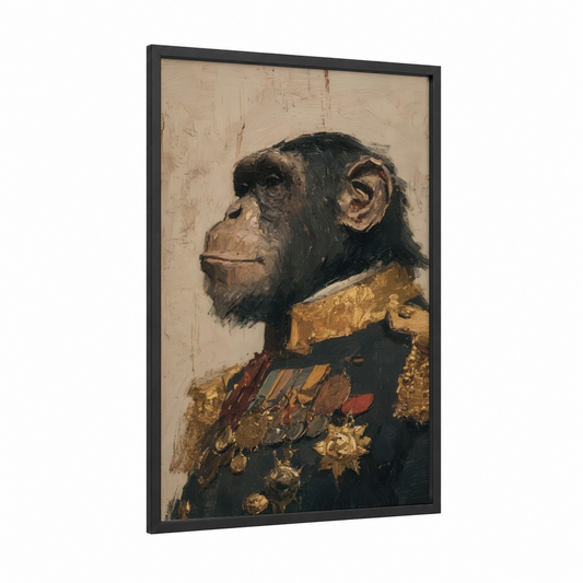 Distinguished Chimpanzee framed art print — black wood frame — brown and gold palette