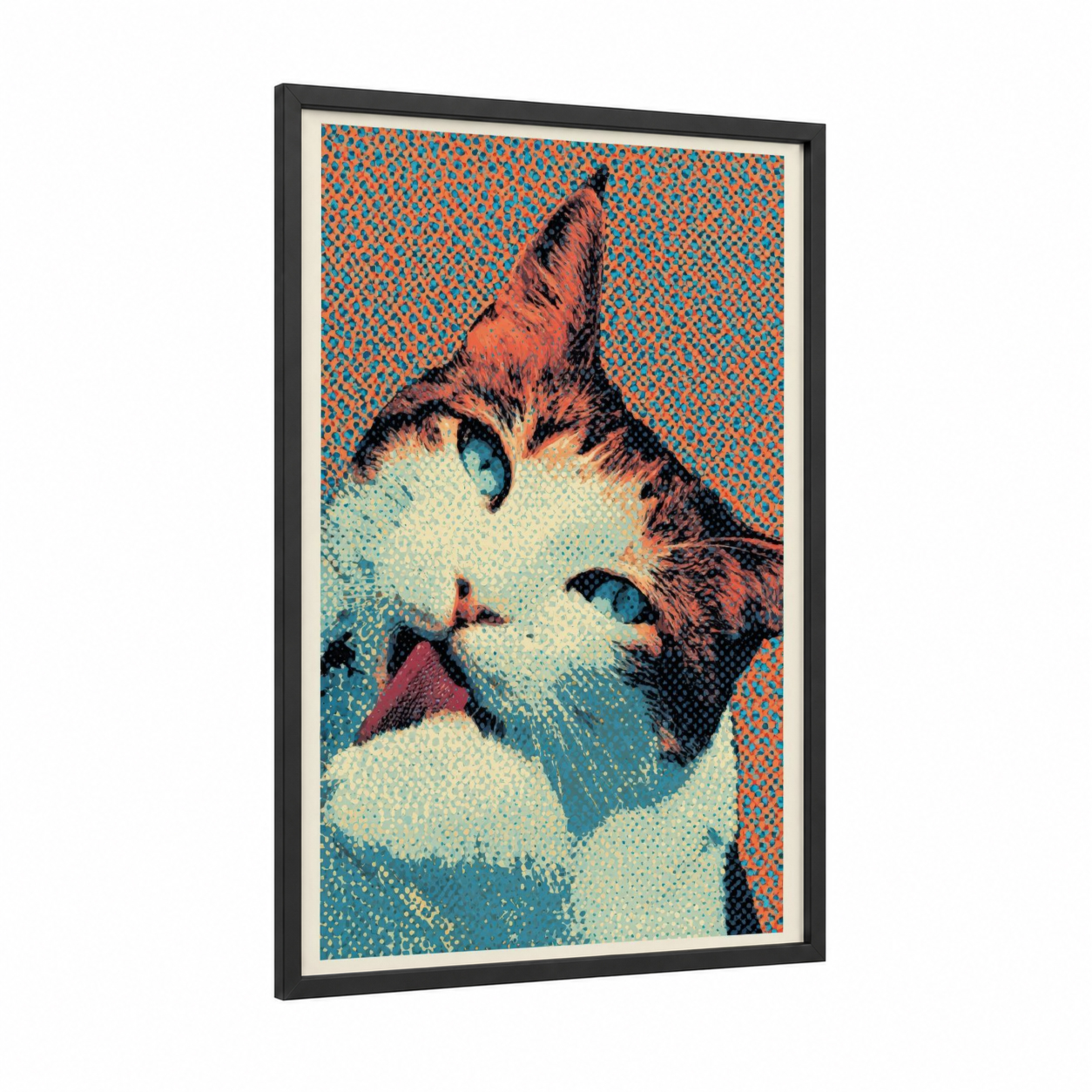 Blue-Eyed Tabby framed cat print — black wood frame — orange and teal palette